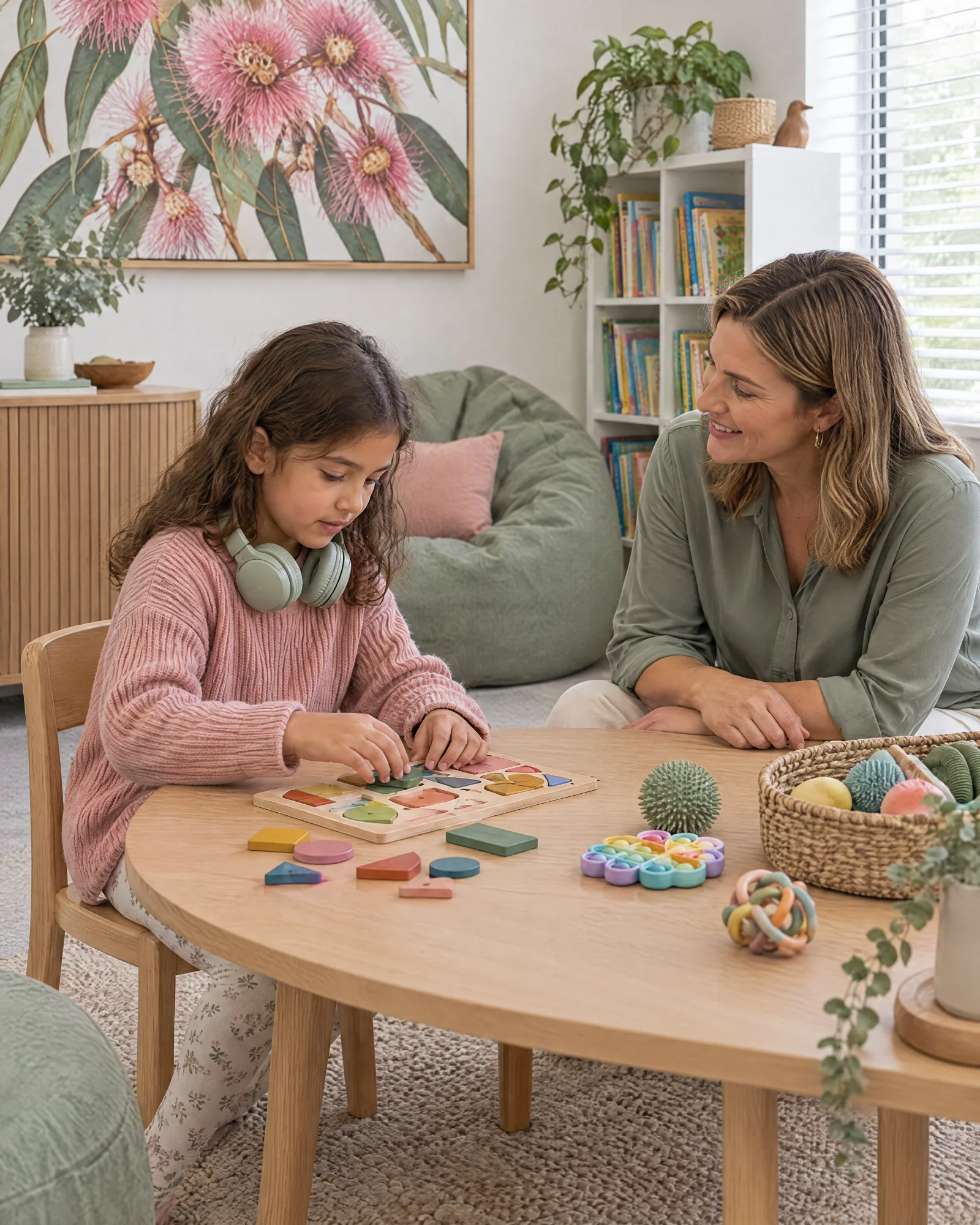 A young person does a colourful wooden puzzle at a low table in a calm playroom, with a friendly clinician sitting beside them. Illustrative image.