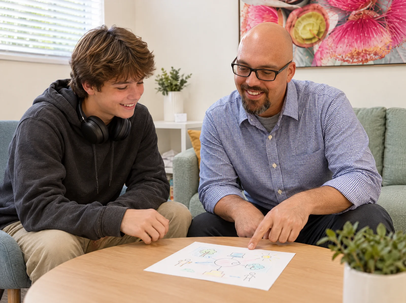 Bas, one of our psychologists, looks at a hand-drawn plan with a teenager.