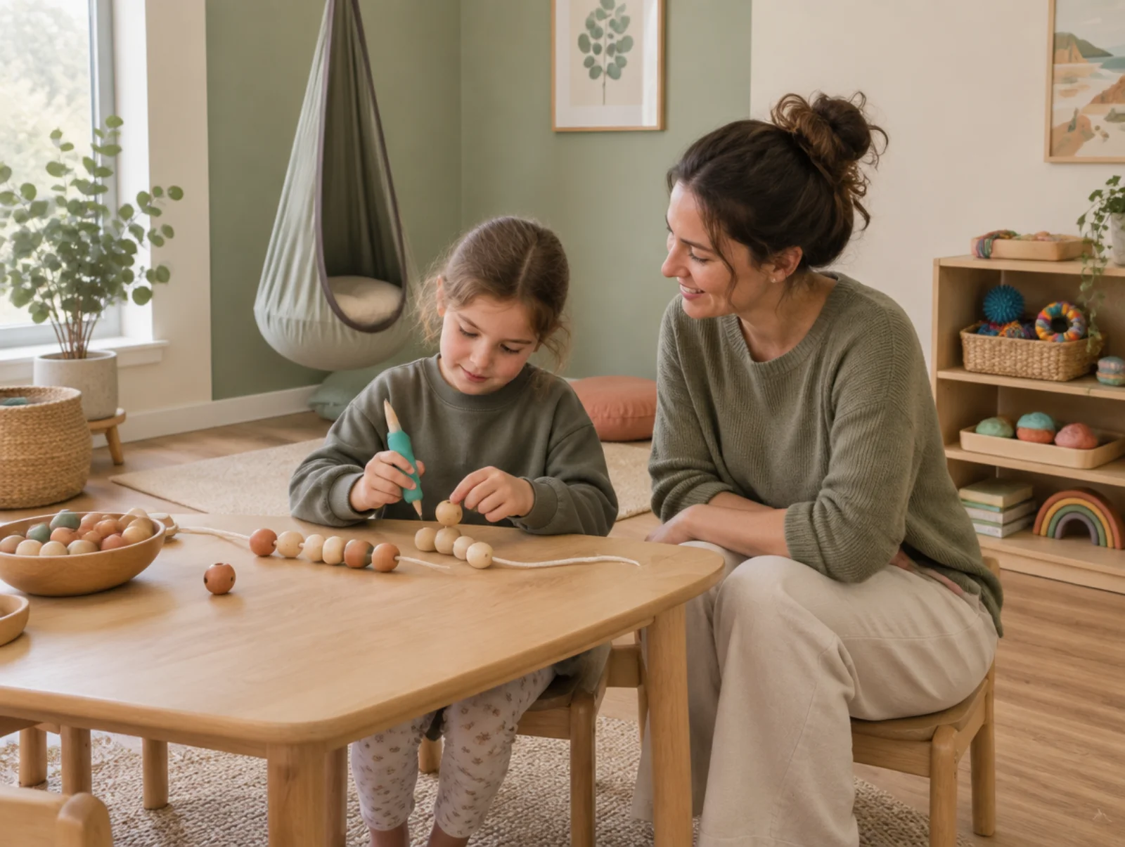 A child threads wooden beads at a low table while an occupational therapist sits alongside.