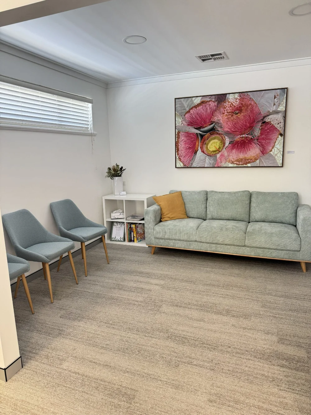 Our Rockingham waiting room, with a sage sofa and a gum blossom painting