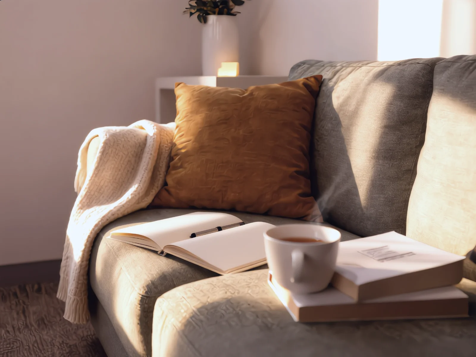 A sage sofa with a mustard cushion, a cream throw, an open notebook and pen, books and a cup of tea in soft daylight.